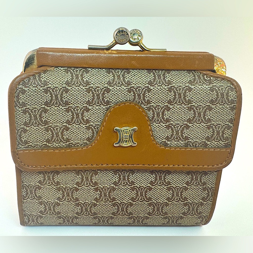 Celine French Kisslock Wallet Brown Macadam Canvas Celine Triomphe Authentic - Picture 12 of 13